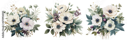 Anemone watercolour flowers set.  photo