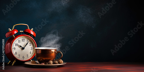 Vintage alarm clock and cup of coffee on the uniform dark backdrop with a copy space. Generative AI