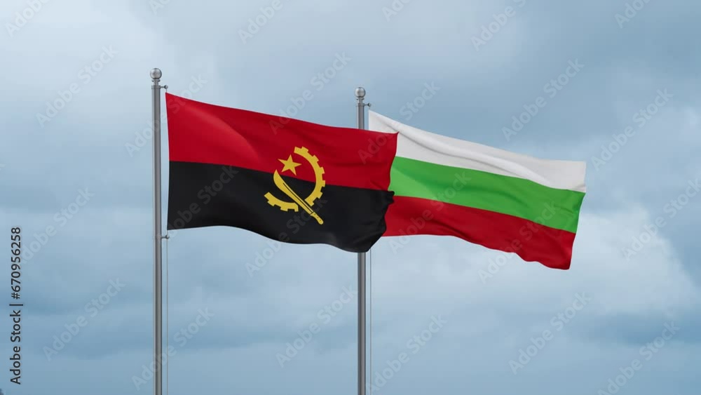 Bulgaria flag and Angola flag waving together on cloudy sky, endless seamless loop, two country relations concept Bulgaria flag and Angola flag waving together on cloudy sky, endless seamless loop, two country relations concept