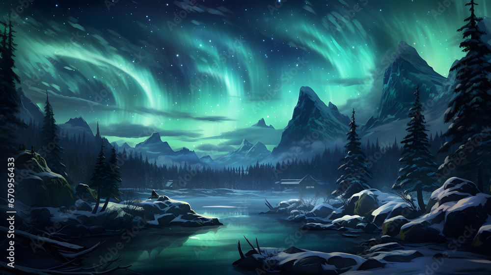 Transport yourself to an epic winter night where the Northern Lights dance across a snow-covered landscape. This highly detailed background sets an awe-inspiring scene.