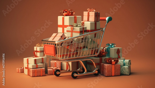 Full shopping cart with gifts background 