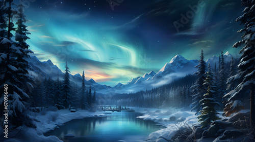 Transport yourself to an epic winter night where the Northern Lights dance across a snow-covered landscape. This highly detailed background sets an awe-inspiring scene. © CanvasPixelDreams