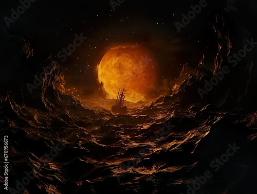 Surrealistic view of a moon in the Ocean and a stormy sea