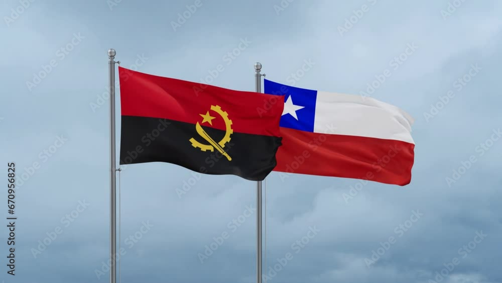 Chile flag and Angola flag waving together on cloudy sky, endless seamless loop, two country relations concept Chile flag and Angola flag waving together on cloudy sky, endless seamless loop, two country relations concept