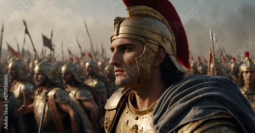 portrait of Alexander the Great standing in front of his army, battle against Persia
 photo