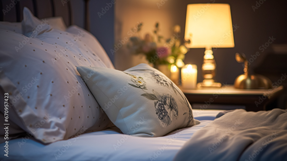 Modern cottage evening bedroom decor, interior design and home decor, bed with elegant bed linen bedding and lamp in English country house, holiday rental and cottage style - obrazy, fototapety, plakaty 