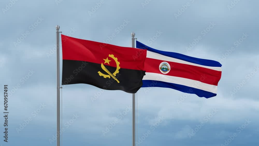 Costa Rico and Angola flag waving together on cloudy sky, endless seamless loop, two country cooperation concept Costa Rico and Angola flag waving together on cloudy sky, endless seamless loop, two country cooperation concept