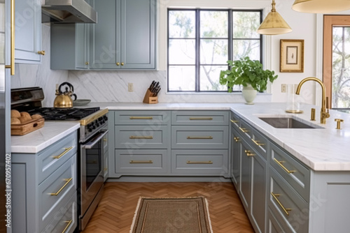 Cottage kitchen interior design  home decor and house improvement  English muted blue in frame kitchen cabinets in a country house