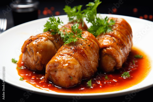 Close up of cabbage rolls in background of modern restaurant. Lifestyle concept of meals and food.