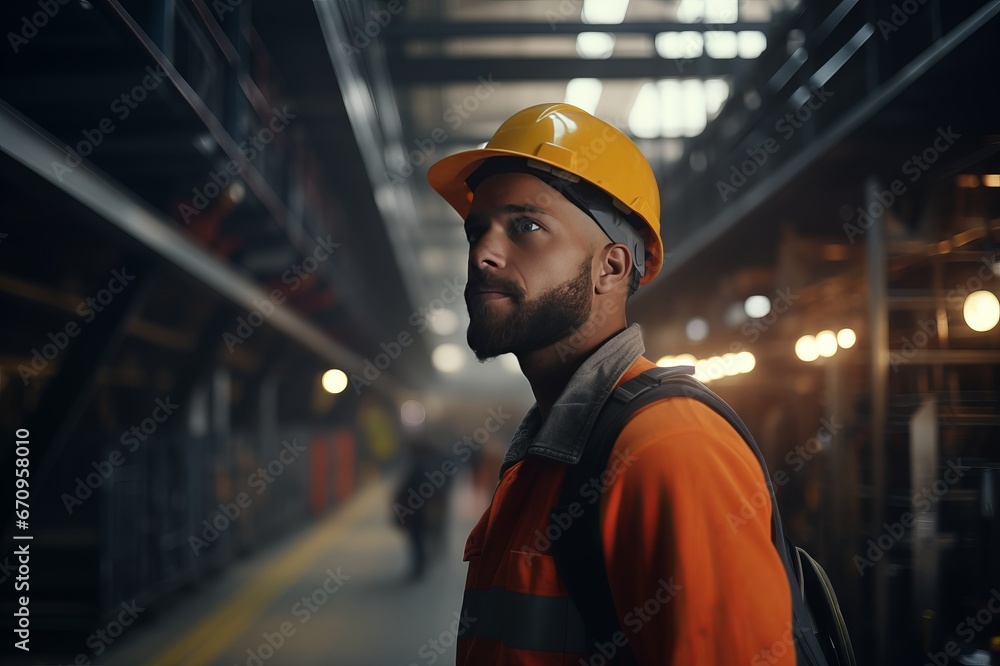 Factory male worker in hard hat walks through industrial facilities Factory male worker in hard hat walks through industrial facilities