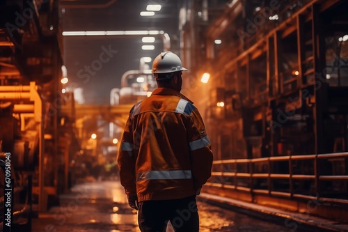 Factory male worker in hard hat walks through industrial facilities
