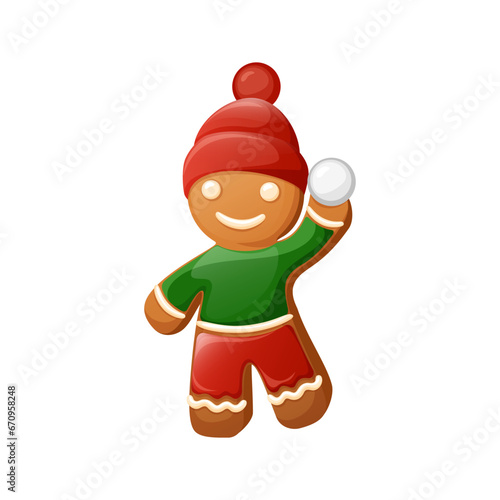 Funny Gingerbread Man Clipart. Christmas Cookie Character Clip Art Wear Red Knitted Beanie Hat. With Snowball In His Hands.