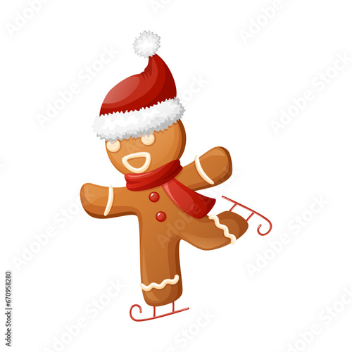 Happy Smiling Gingerbread Man Character With Santa Hat And Scarf. Funny Christmas Cookie Ice Skating With Wide Open Arms, Having Fun. Traditional Sweet Xmas Ginger Biscuit Cartoon Clipart.