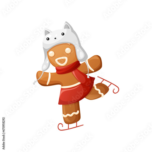 Happy Smiling Gingerbread Man Character With Santa Hat And Scarf. Funny Christmas Cookie Ice Skating With Wide Open Arms, Having Fun. Traditional Sweet Xmas Ginger Biscuit Cartoon Clipart.