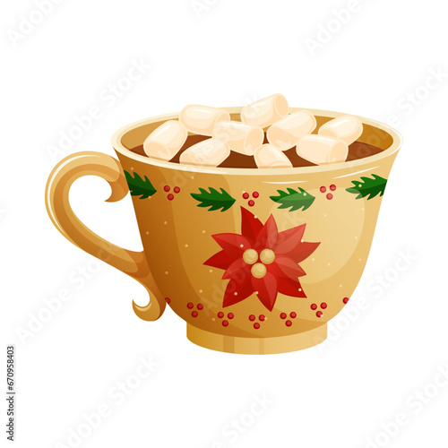 Red And Golden Cup Of Hot Cocoa With Marshmallow. Cozy Winter Homemade Hot Drink 