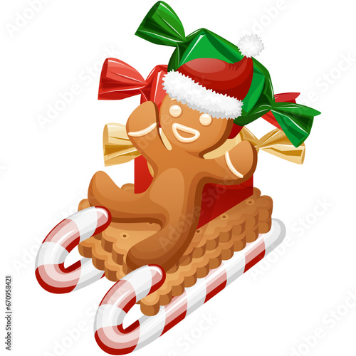 Smiling gingerbread man cookie sledding on a sled in winter hat