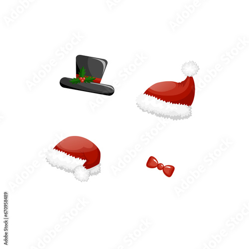 Set of Christmas santa and snowman hats: red cap, black top hat with mistletoe decoration