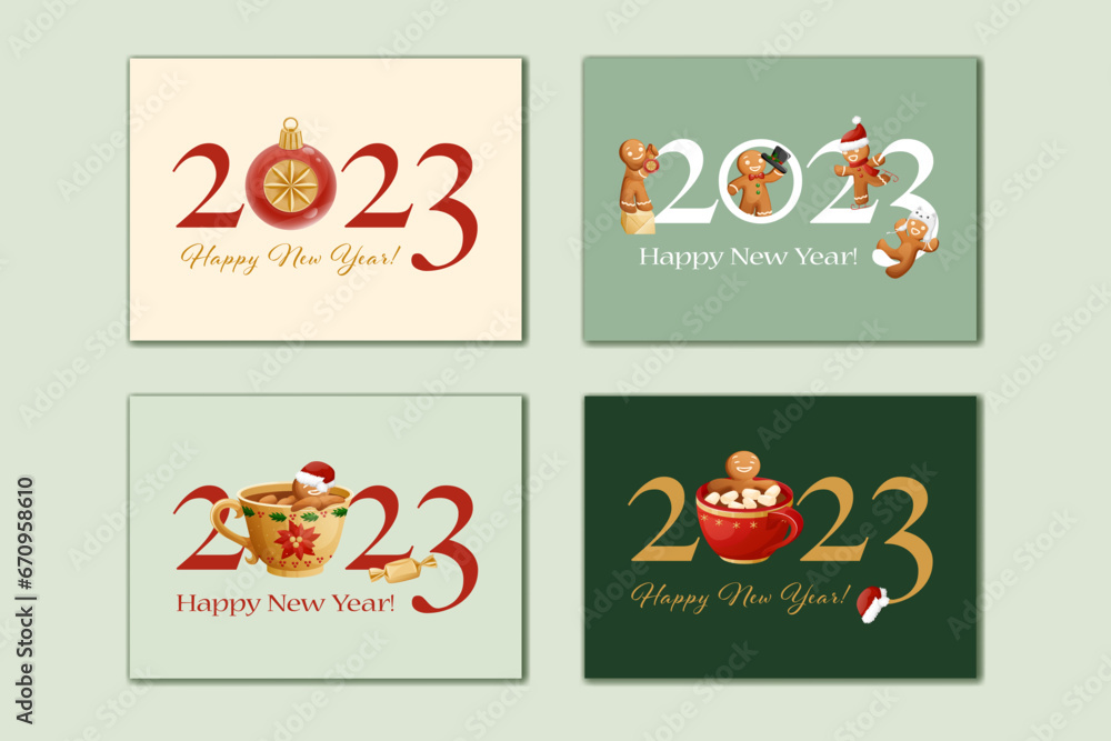 Happy New Year Greeting Cards Set With Gingerbread Characters Happy New Year Greeting Cards Set With Gingerbread Characters
