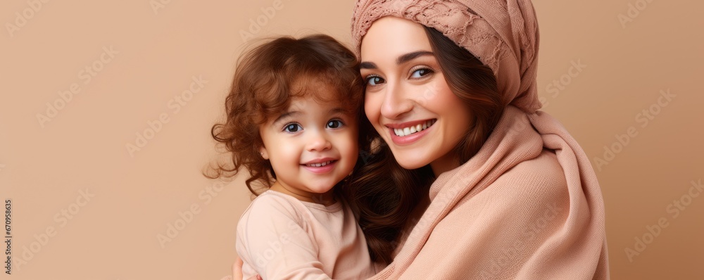 Mother and daughter hugging each other, smiling. Emotional portrait of a Mother and a daughter on soft colored wall.
