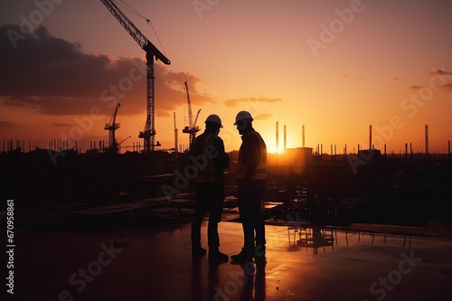 Silhouette of two engineers on building site, construction site, sunset at evening time