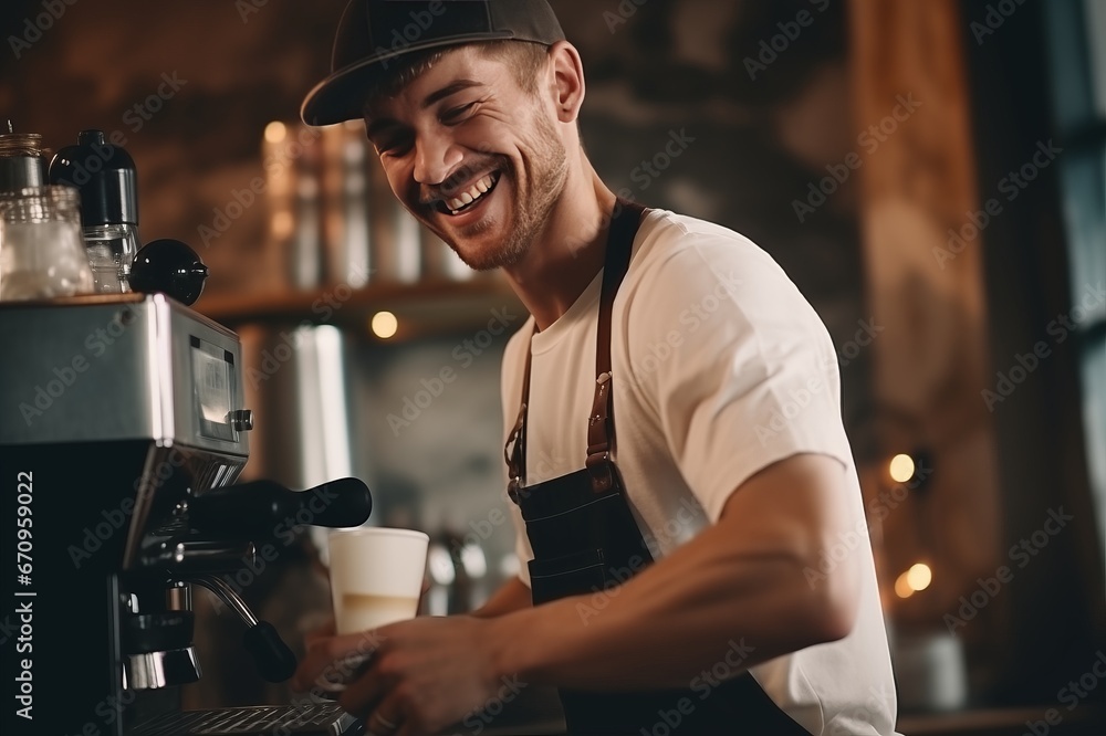 Young smiling male barista making cappuccino