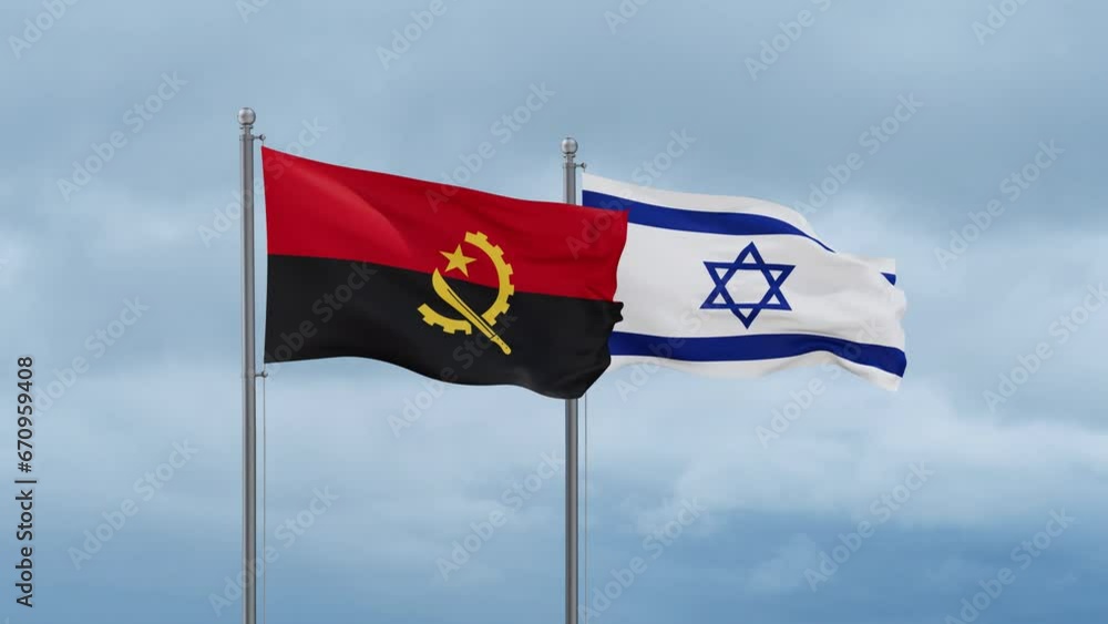 Israel flag and Angola flag waving together on cloudy sky, endless seamless loop, two country relations concept Israel flag and Angola flag waving together on cloudy sky, endless seamless loop, two country relations concept