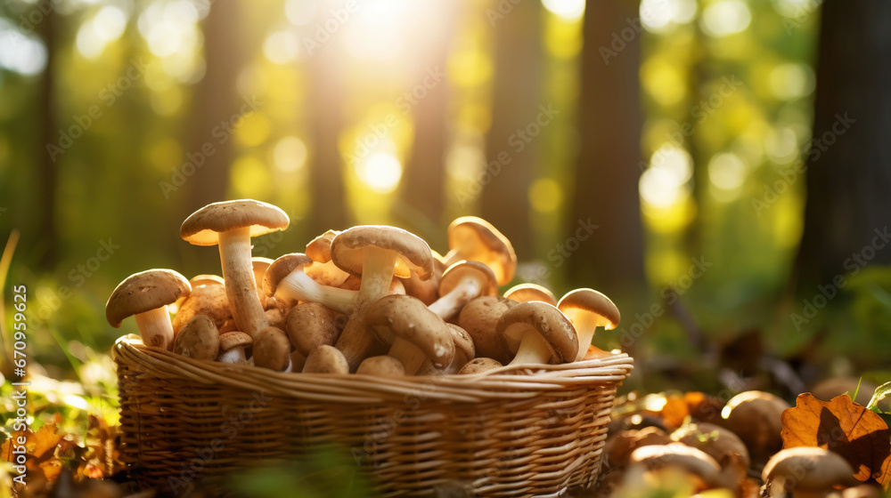 Porcini mushrooms in a wooden basket on a blurred background of the autumn forest. Generative AI Porcini mushrooms in a wooden basket on a blurred background of the autumn forest. Generative AI