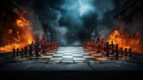 chess board game with pieces and fire on the background