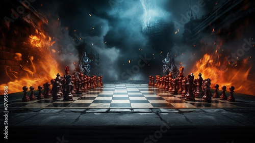 Foto chess board game with pieces and fire on the background