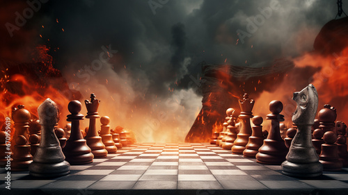 chess board game with pieces and fire on the background © Aghavni