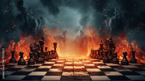 chess board game with pieces and fire on the background