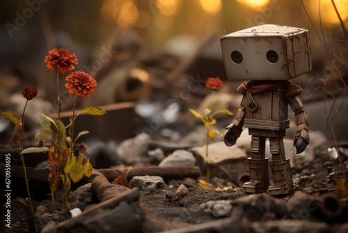 Captivating Sunset Scene. Adorable Small Robot Serenading a Stunning Flower Silhouette at Twilight