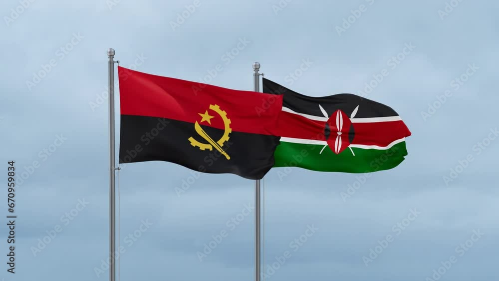 Kenya flag and Angola flag waving together on cloudy sky, endless seamless loop, two country relations concept Kenya flag and Angola flag waving together on cloudy sky, endless seamless loop, two country relations concept