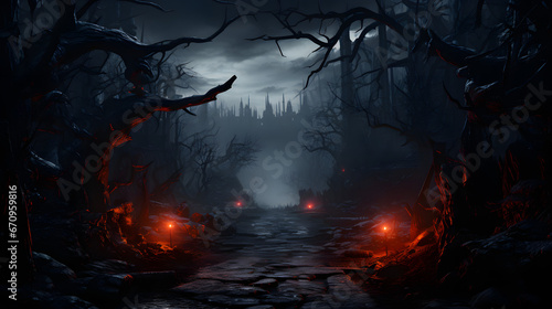 Scary dark forest with torches