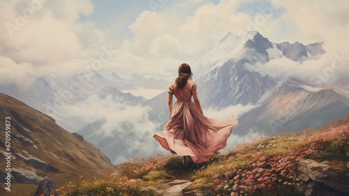 young woman in a dress in the mountains