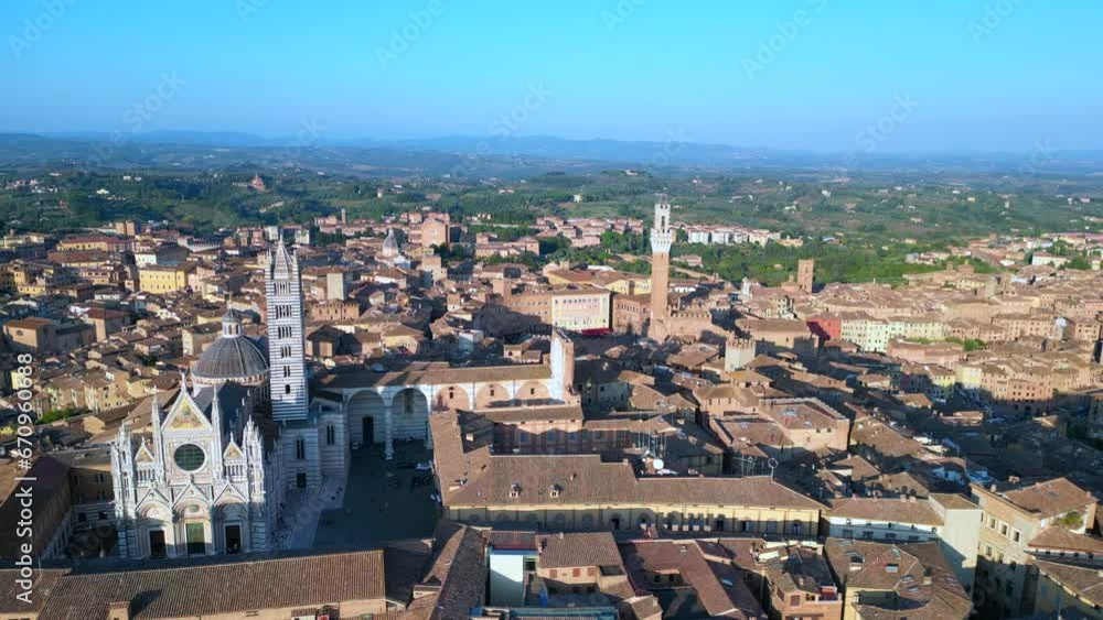 Majestic aerial view flight drone. Siena Brick building old town Tuscany Italy Majestic aerial view flight drone. Siena Brick building old town Tuscany Italy