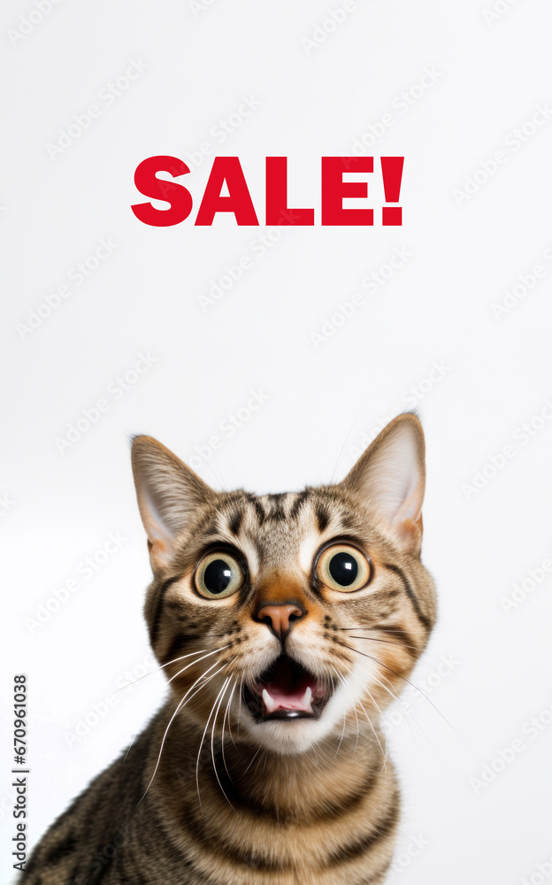 funny portrait of a cat looking shocked or surprised on a white background with copy space for a sale or discount in a pet store on goods