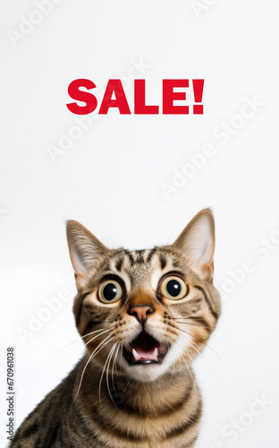 funny portrait of a cat looking shocked or surprised on a white background with copy space for a sale or discount in a pet store on goods