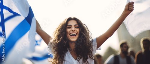 Portrait of pretty and happy Israeli woman standing with smile, in front of Israel flags, shouting, celebrating victory or success. Generative ai photo