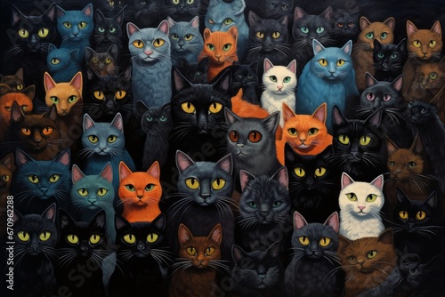 Funny cute wallpaper illustration with lots of cats. Banner design for pet shop