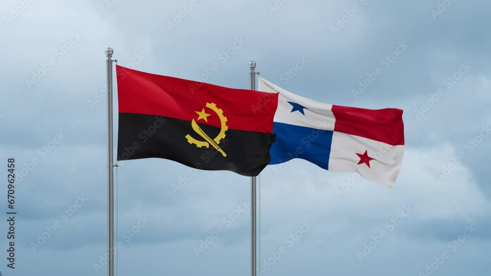 Panama flag and Angola flag waving together on cloudy sky, endless seamless loop, two country relations concept Panama flag and Angola flag waving together on cloudy sky, endless seamless loop, two country relations concept