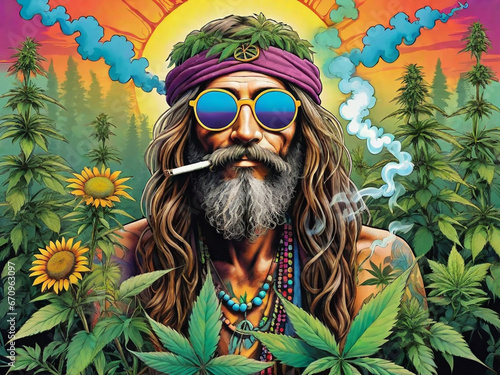Hippie smokes a joint on a psychedelic background