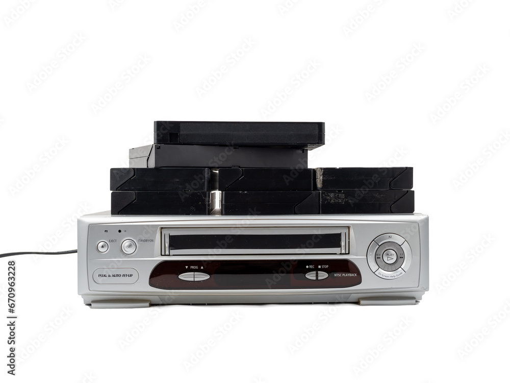 Fototapeta premium VHS cassette video recorder on a white background. Retro video recorder.