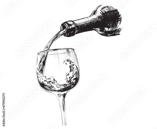 A Stream of Wine. Bottle And Glass. Hand Drawn Sketch Vector illustration.
