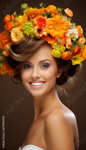 Fashionable Woman with Flower Bouquet and Floral Dress on Solid Brown Background