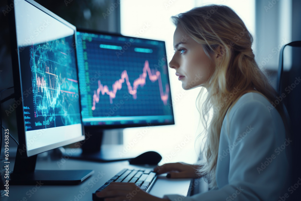 Female office worker browsing the internet on his computer in his workspace facing a virtual environment with big data, an artificial intelligence and it, computer Generative AI stock illustration Female office worker browsing the internet on his computer in his workspace facing a virtual environment with big data, an artificial intelligence and it, computer Generative AI stock illustration