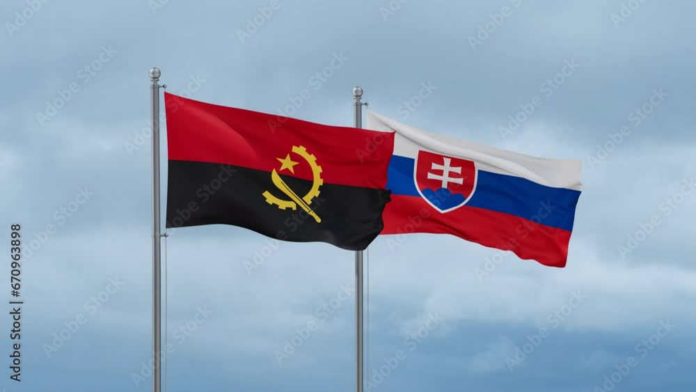 Slovak Republic or Slovakia and Angola flag waving together on cloudy sky, endless seamless loop, two country cooperation concept Slovak Republic or Slovakia and Angola flag waving together on cloudy sky, endless seamless loop, two country cooperation concept
