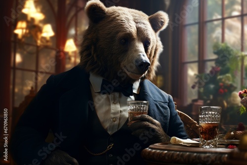 Anthropomorphic Bear in Classic Mens Attire, Enjoying a Beer Glass on Dark Background