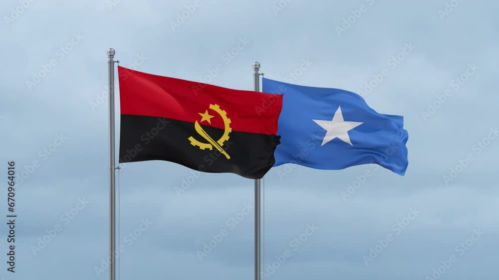 Somalia and Angola flag waving together on cloudy sky, endless seamless loop, two country cooperation concept Somalia and Angola flag waving together on cloudy sky, endless seamless loop, two country cooperation concept