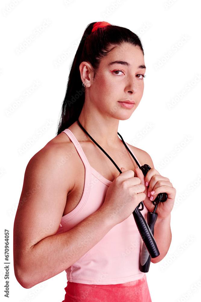 Fitness, portrait or woman with skipping rope for workout or training isolated on transparent png background. Healthy athlete, face or serious sports person with equipment for cardiovascular wellness Fitness, portrait or woman with skipping rope for workout or training isolated on transparent png background. Healthy athlete, face or serious sports person with equipment for cardiovascular wellness
